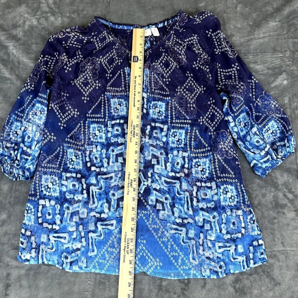 Chicos SZ 3 XL Blouse Top Shirt Popover Blue Sheer Artsy Printed Boho Whimsigoth - Picture 3 of 8